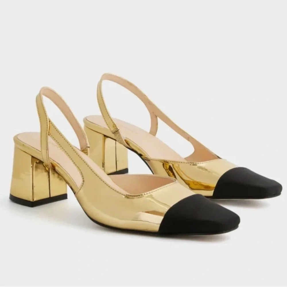 Tuckernuck‎ || Tinsley Slingback Heels Cap Toe Gold Black 10